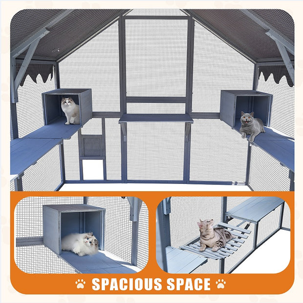 Outdoor Cat House Cat Fence, Upgraded Waterproof Cover - Gray