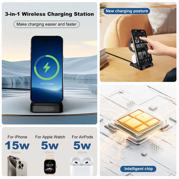 3-in-1 Wireless Charging Station | Fast Foldable Charger for iPhone, Samsung, AirPods & Watch – Domiclv